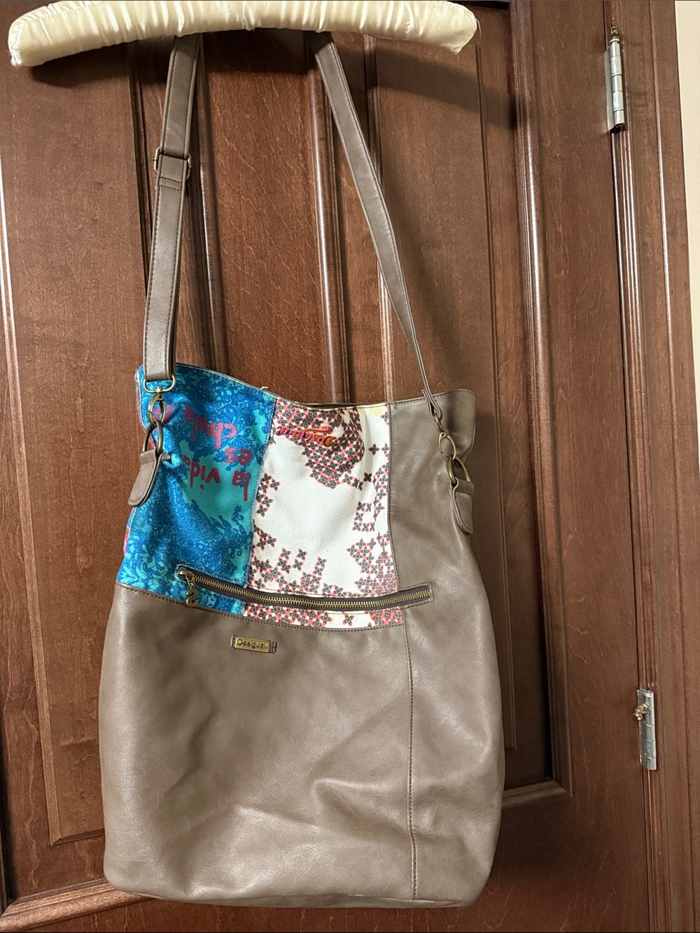 Desigual Crossbody Taupe Tote Bag with Blue Accent Panel
